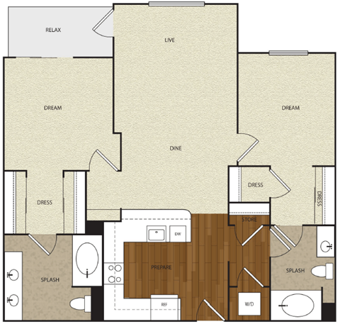 Floor plan for 2 beds, 2 baths, 1007 sqft
